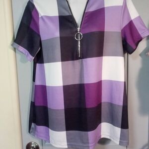 Plaid Zippered Women’s Top - Purple and Black